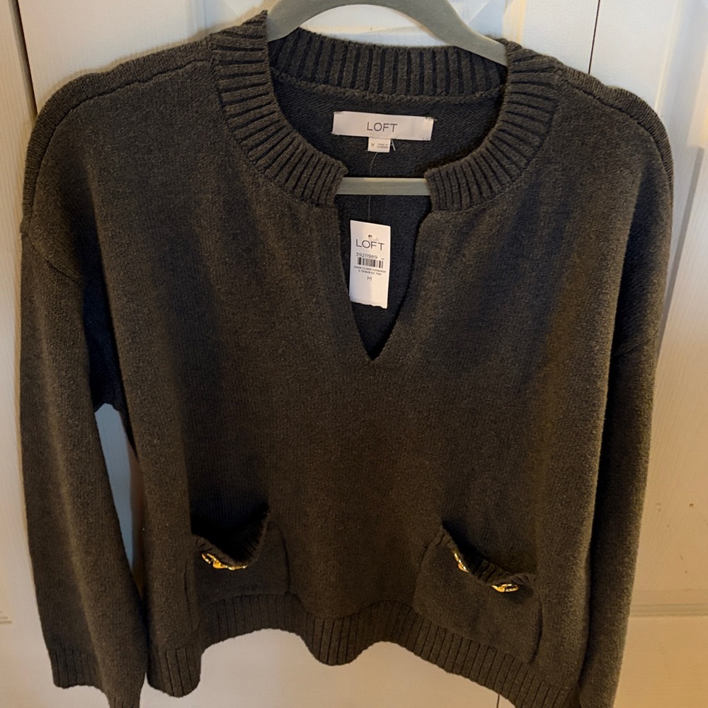 LOFT Charcoal V-Neck Sweater with Pocket Details